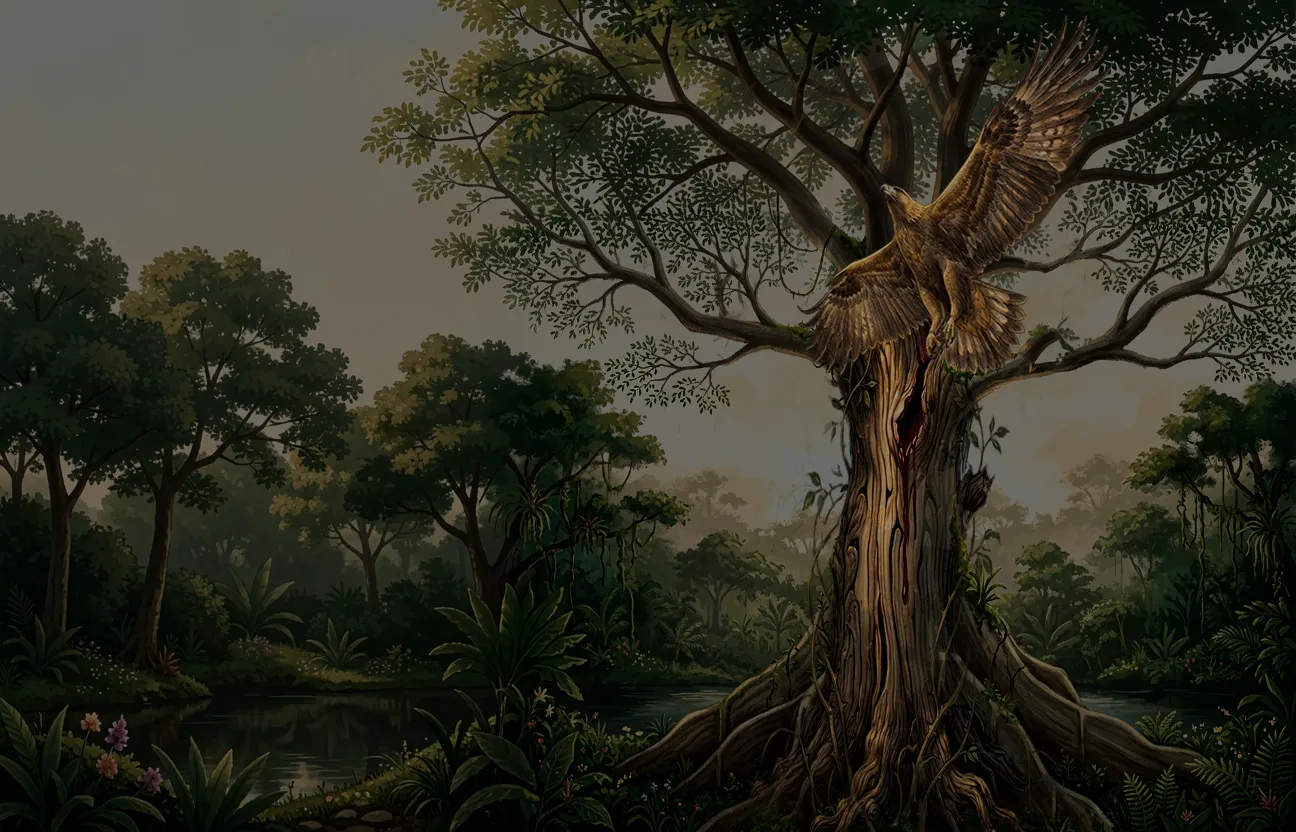 Selva amazónica: follaje y árbol al amanecer